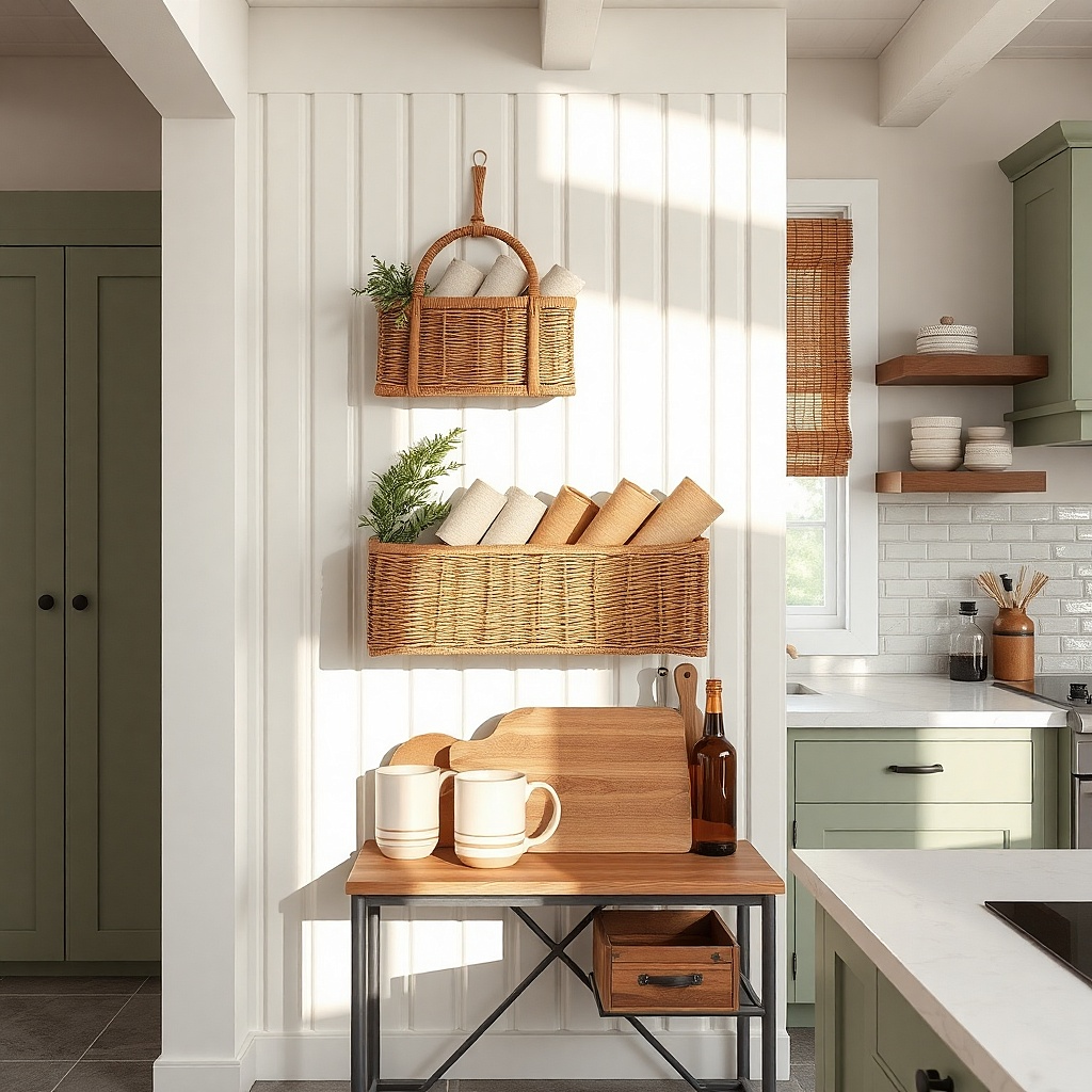 Two-tier cane wall baskets mounted on a cream wall with folded linen and small ceramics