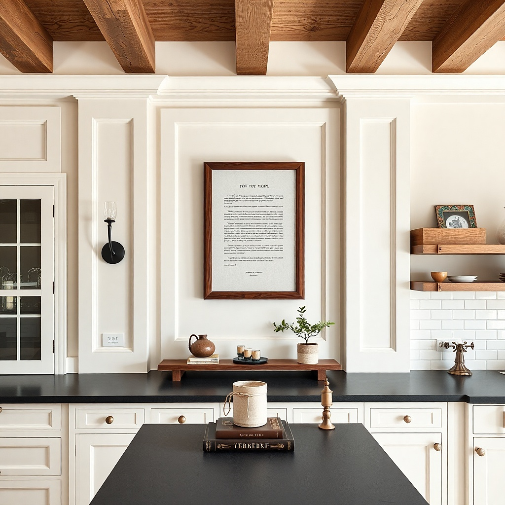 Matte black sconce with a slim framed sign mounted next to it on a farmhouse kitchen wall