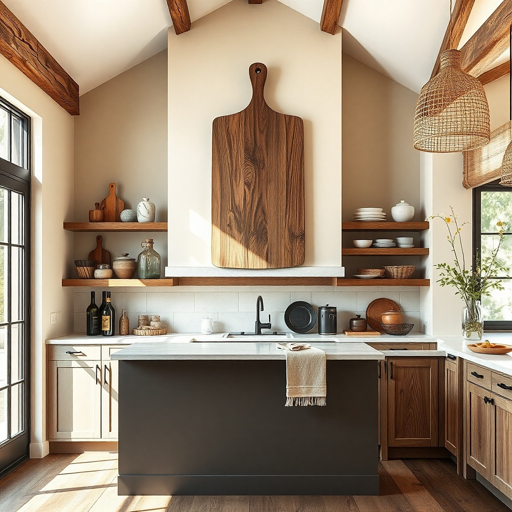 Large wood cutting board mounted vertically with a small metal hook line below