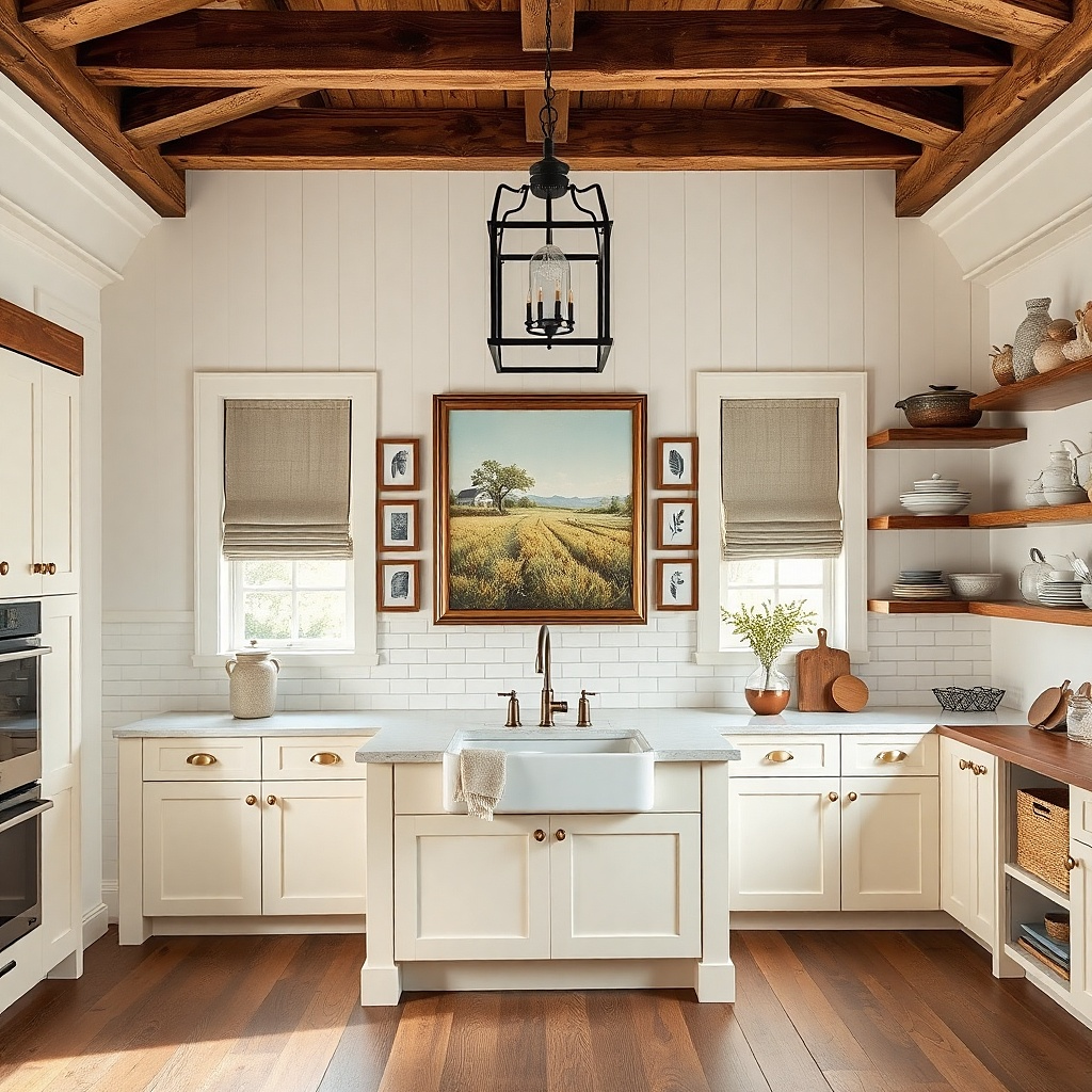 Gallery wall with matching frames and one large central framed print above a kitchen dining table