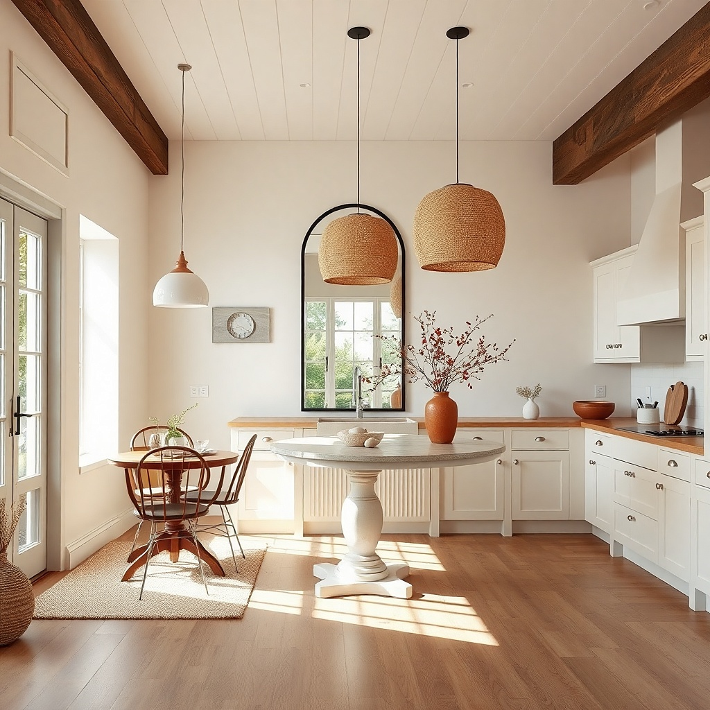 Tall vertical mirror with thin black frame on a farmhouse kitchen wall
