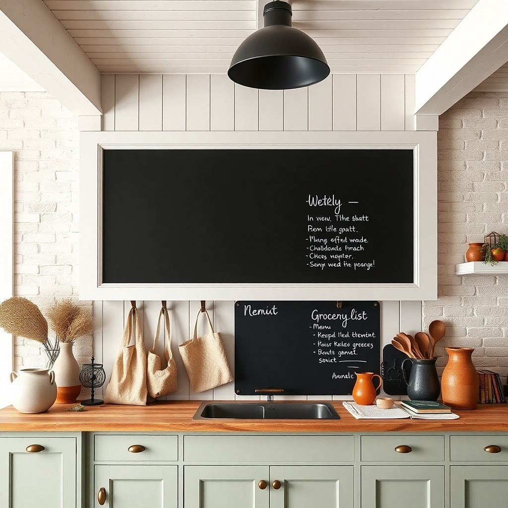 White-framed chalkboard menu sign with small farmhouse typography on a kitchen wall
