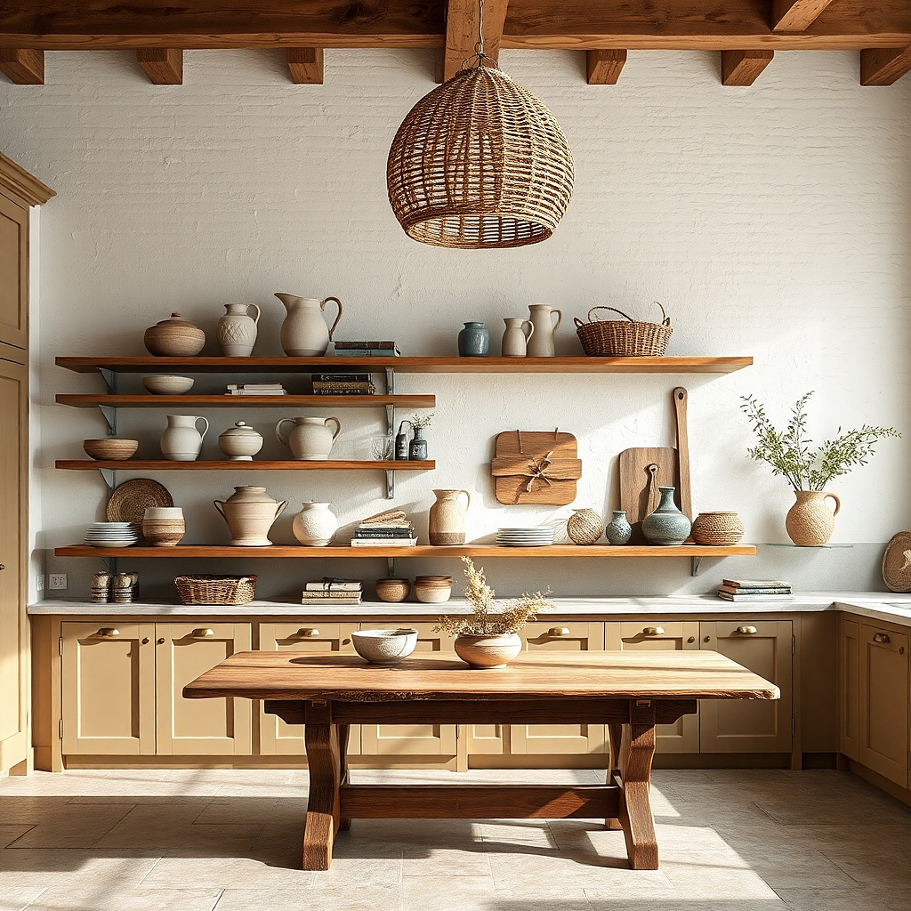Two floating shelves holding books and one long ceramic vase on a farmhouse kitchen wall