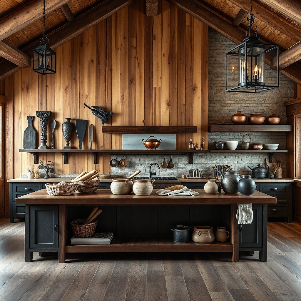 Three wood-and-metal wall pieces arranged in a staggered pattern on a kitchen wall
