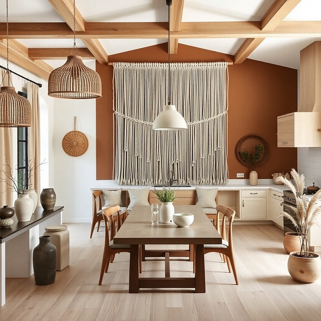 Large off-white macrame wall hanging with a simple top beam on a farmhouse kitchen wall