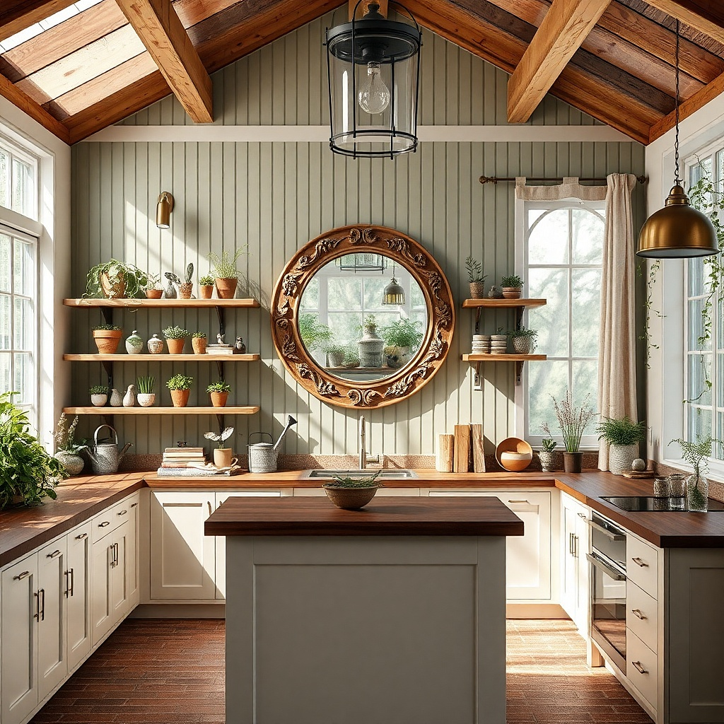 Round mirror framed with wood trim and subtle botanical pattern around the edge