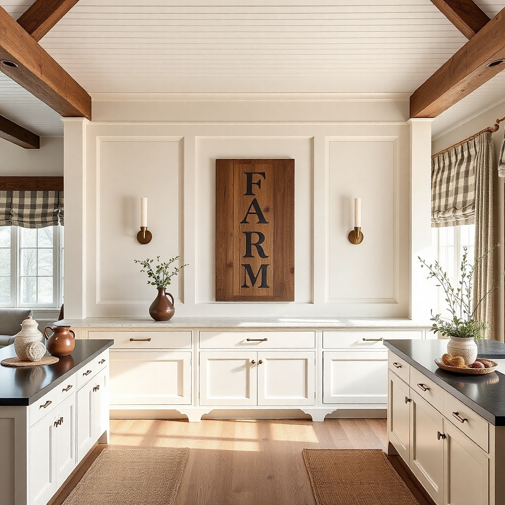 Large distressed farmhouse word sign in matte wood finish mounted on a kitchen wall