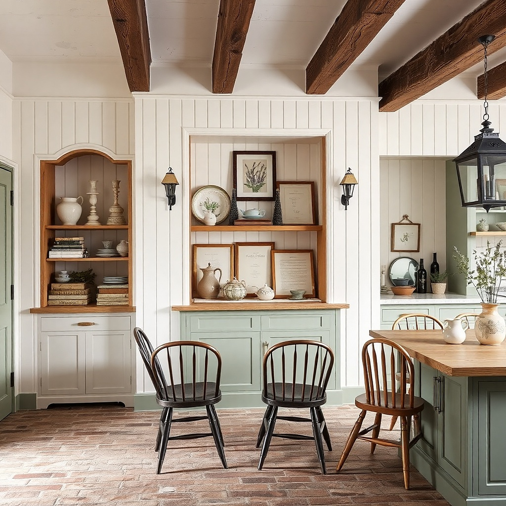 Narrow vertical beadboard panel with two small framed quotes on a farmhouse kitchen wall