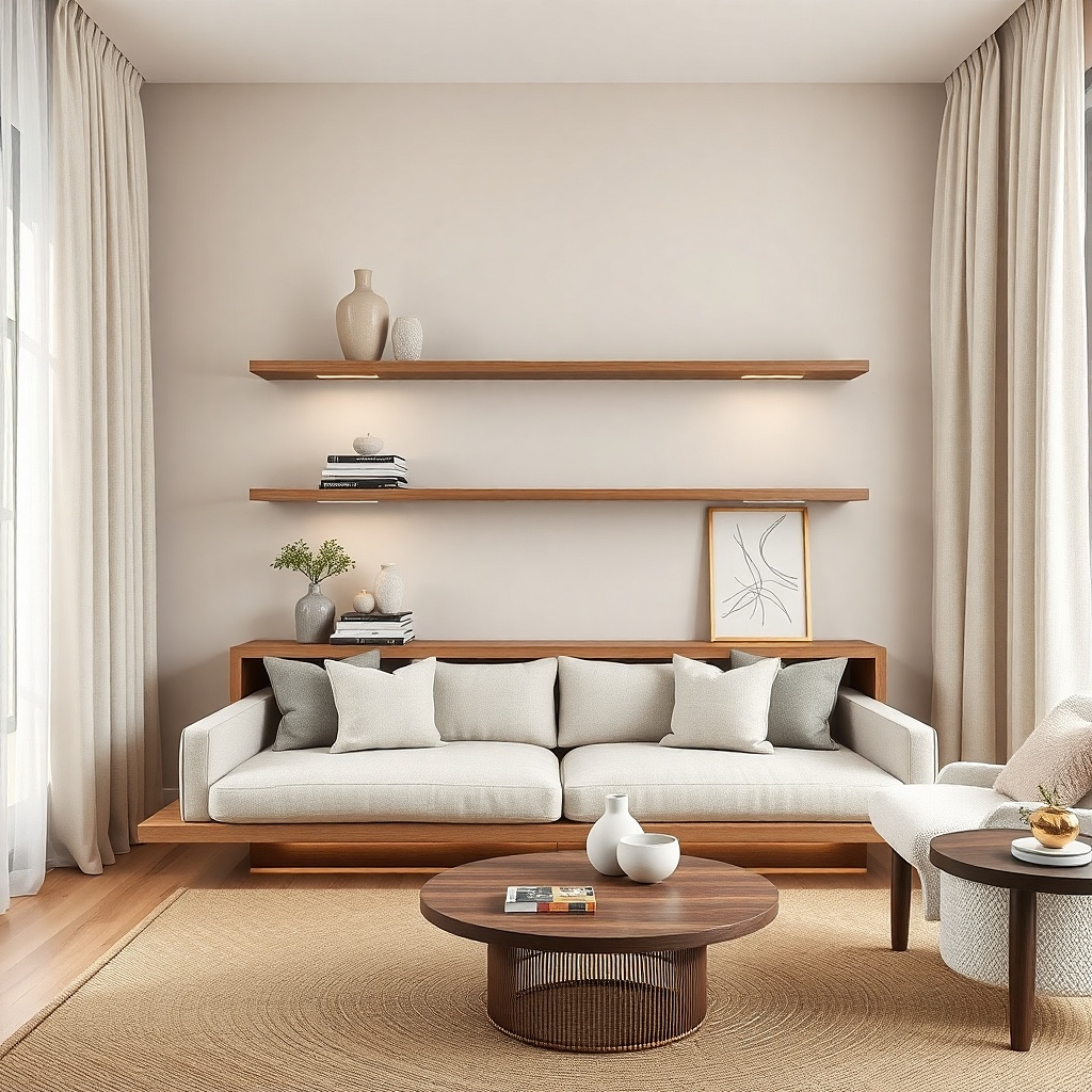 Two white floating shelves with a tall vase and stacked books on a light wall