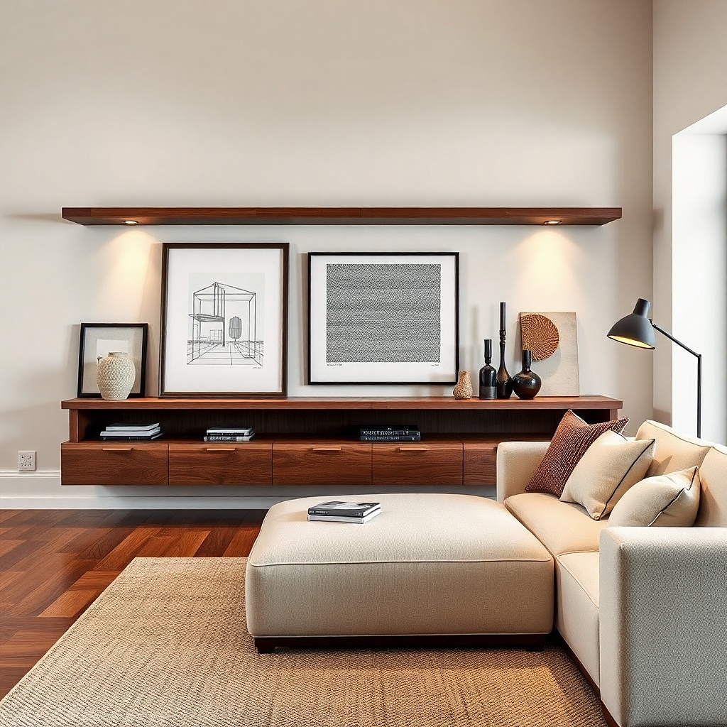 Long wood floating shelf with framed art and small objects arranged in a line