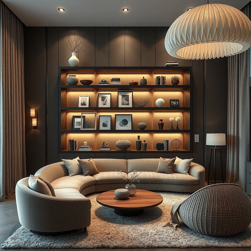 Three staggered floating shelves with tall and small decor in matching colors