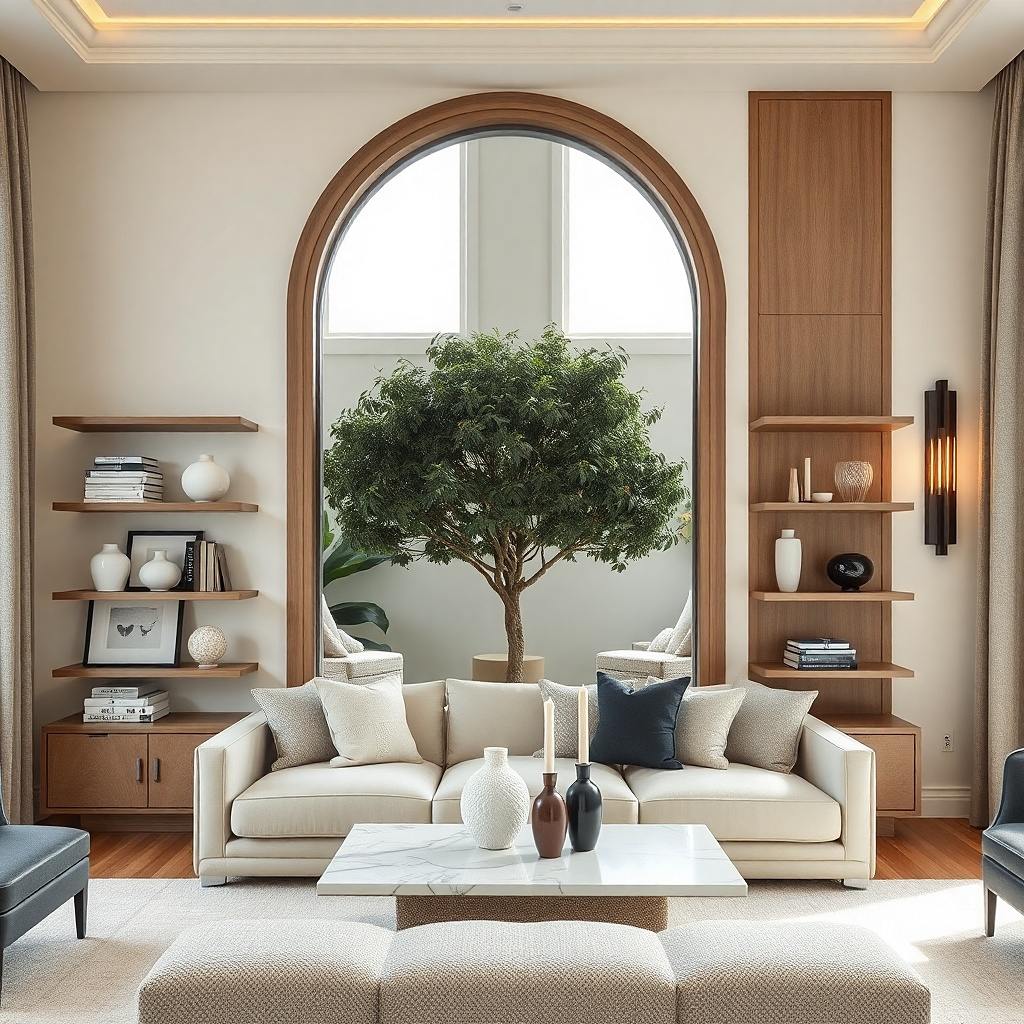 Two floating shelves on each side of a large mirror with slim book stacks