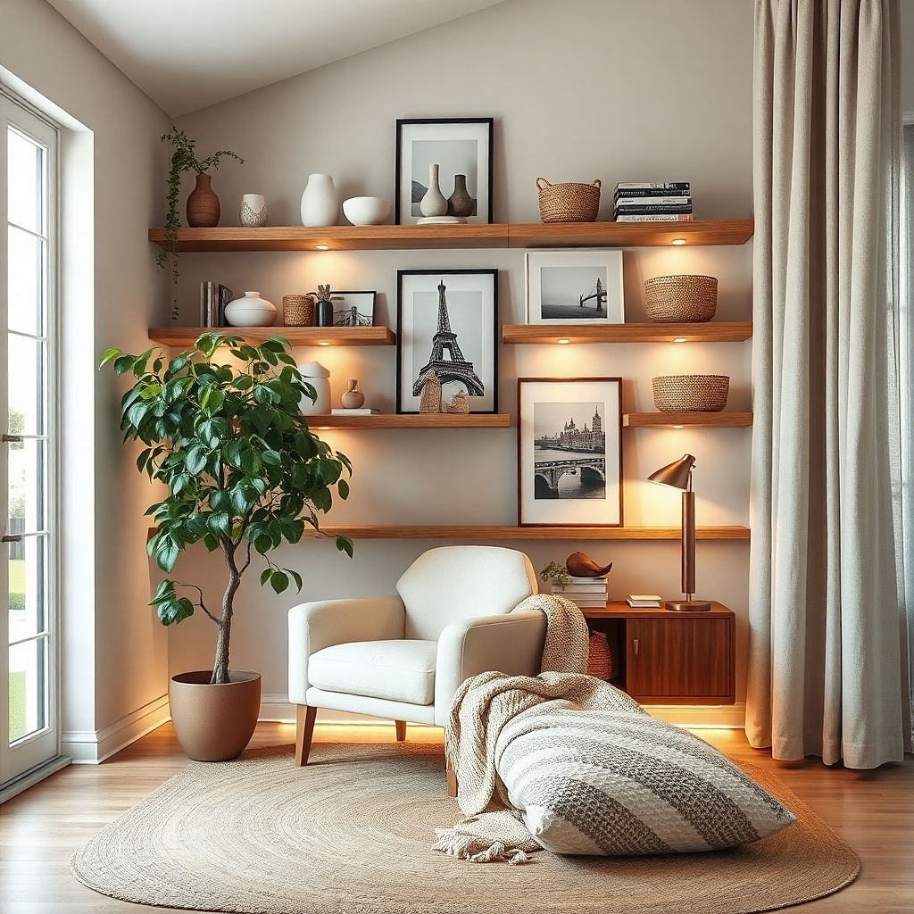 Corner floating shelves with a trailing plant and small ceramics on a neutral wall