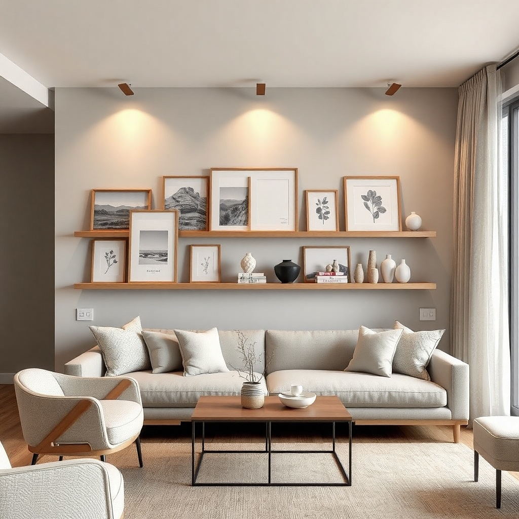 Floating shelves with evenly spaced frames and small decor in a clean grid pattern