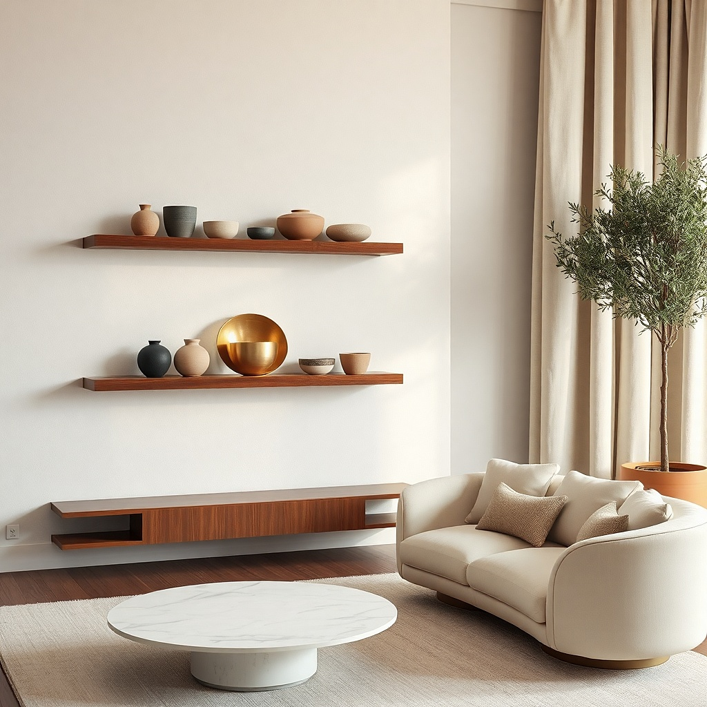Floating shelves with matte white ceramics and one brushed metal object in between