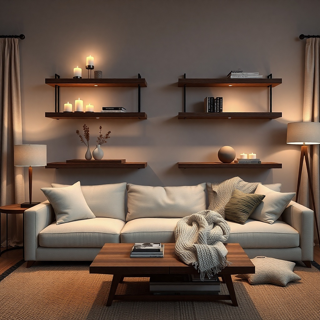 Floating shelves with a flat tray, candle, and small framed in neutral tones