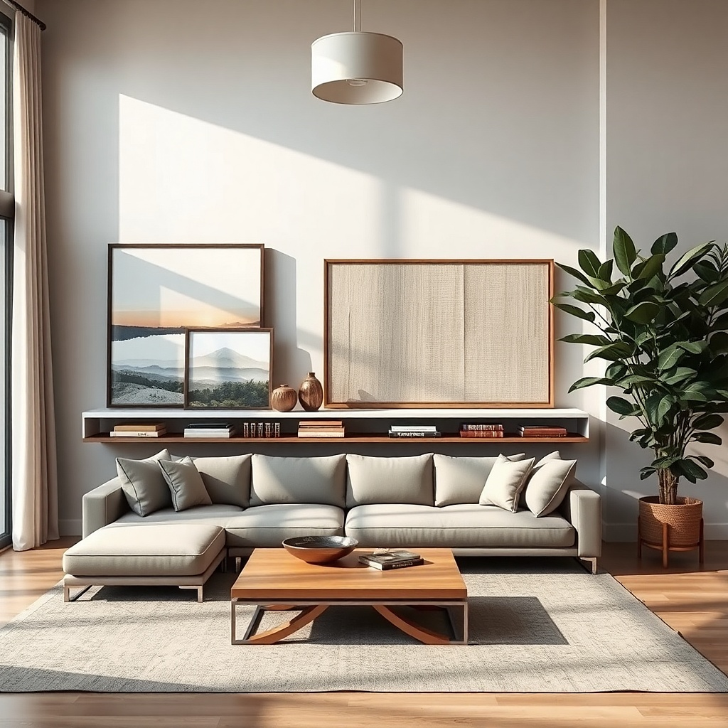 Floating shelves with leaning frames and books arranged as a straight horizontal line