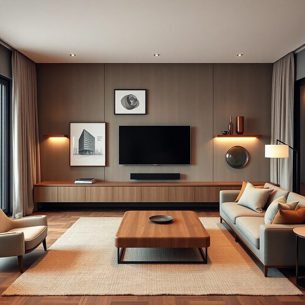 Floating shelves above a TV with evenly spaced decor and books