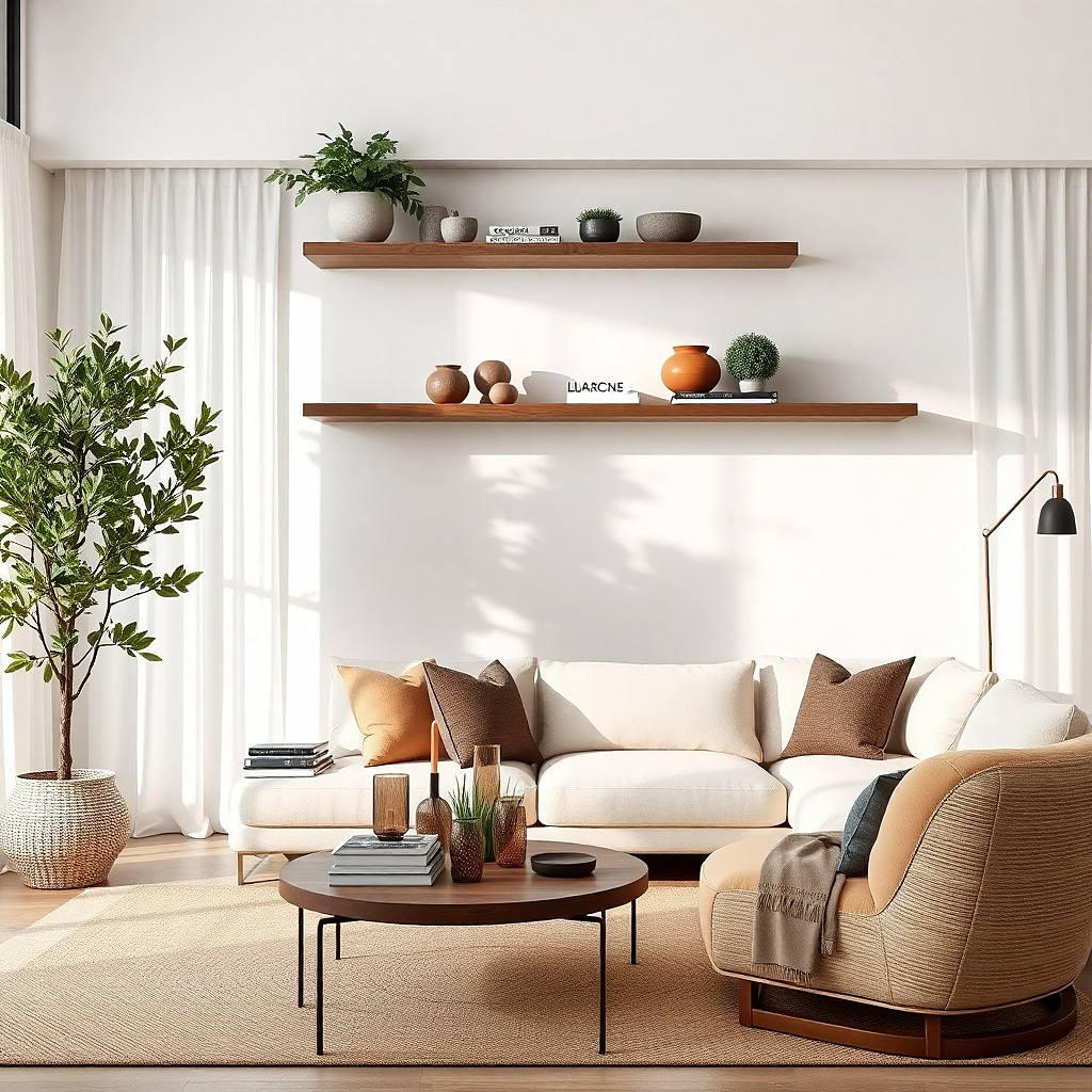 Floating shelves with three matte planters and one trailing plant in monochrome tones