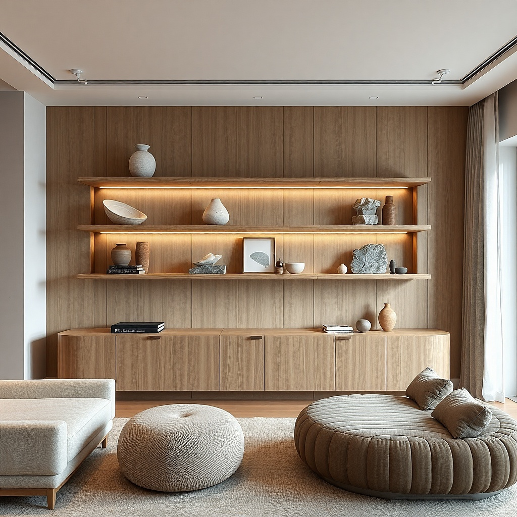 Floating shelves with layered ceramic pieces on risers and subtle neutral tones