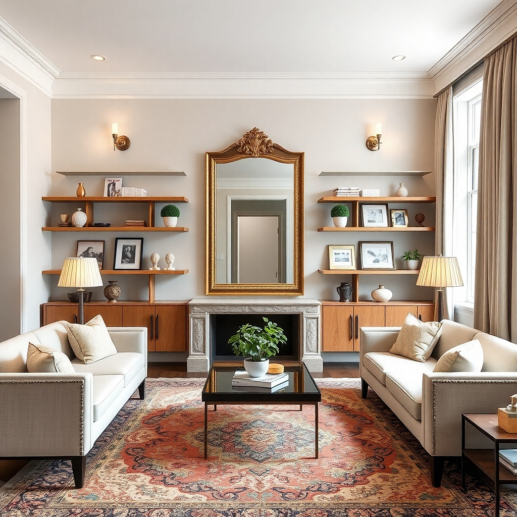 Two floating shelves with matching candles and frames arranged symmetrically