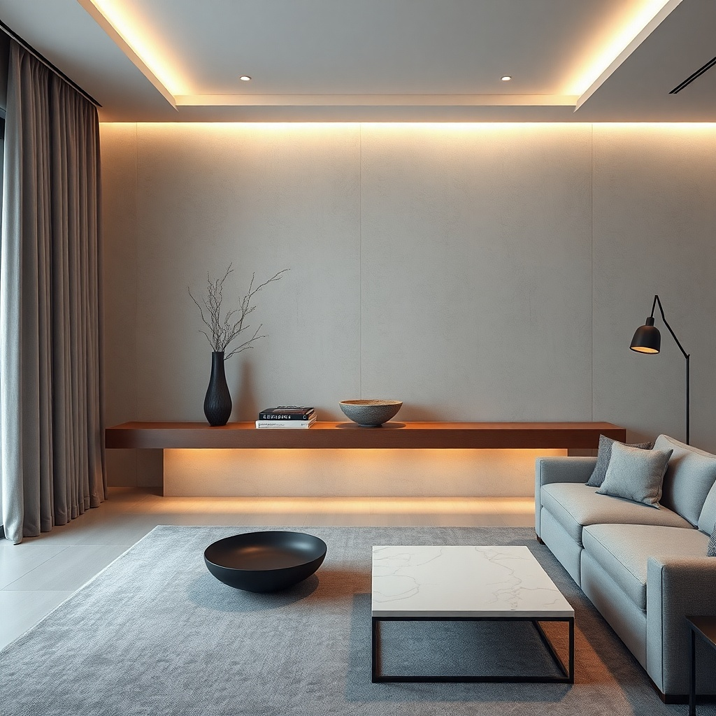 Long floating shelf with a single tall sculpture and minimal low decor