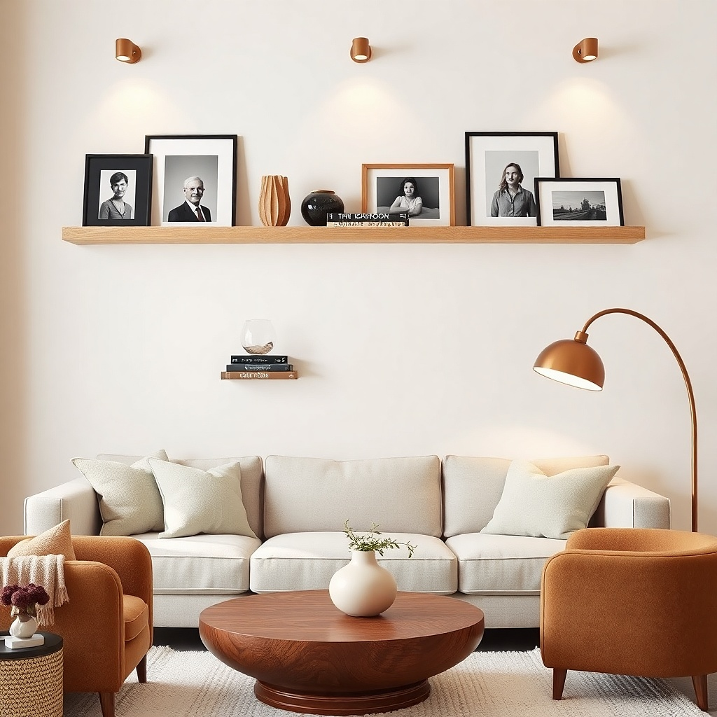 Floating shelves with small frames and stacked books with simple covers