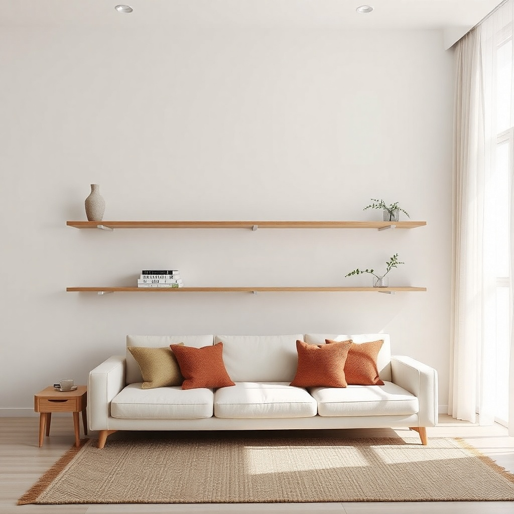 Floating shelves with minimal brackets and airy decor spacing on a light wall