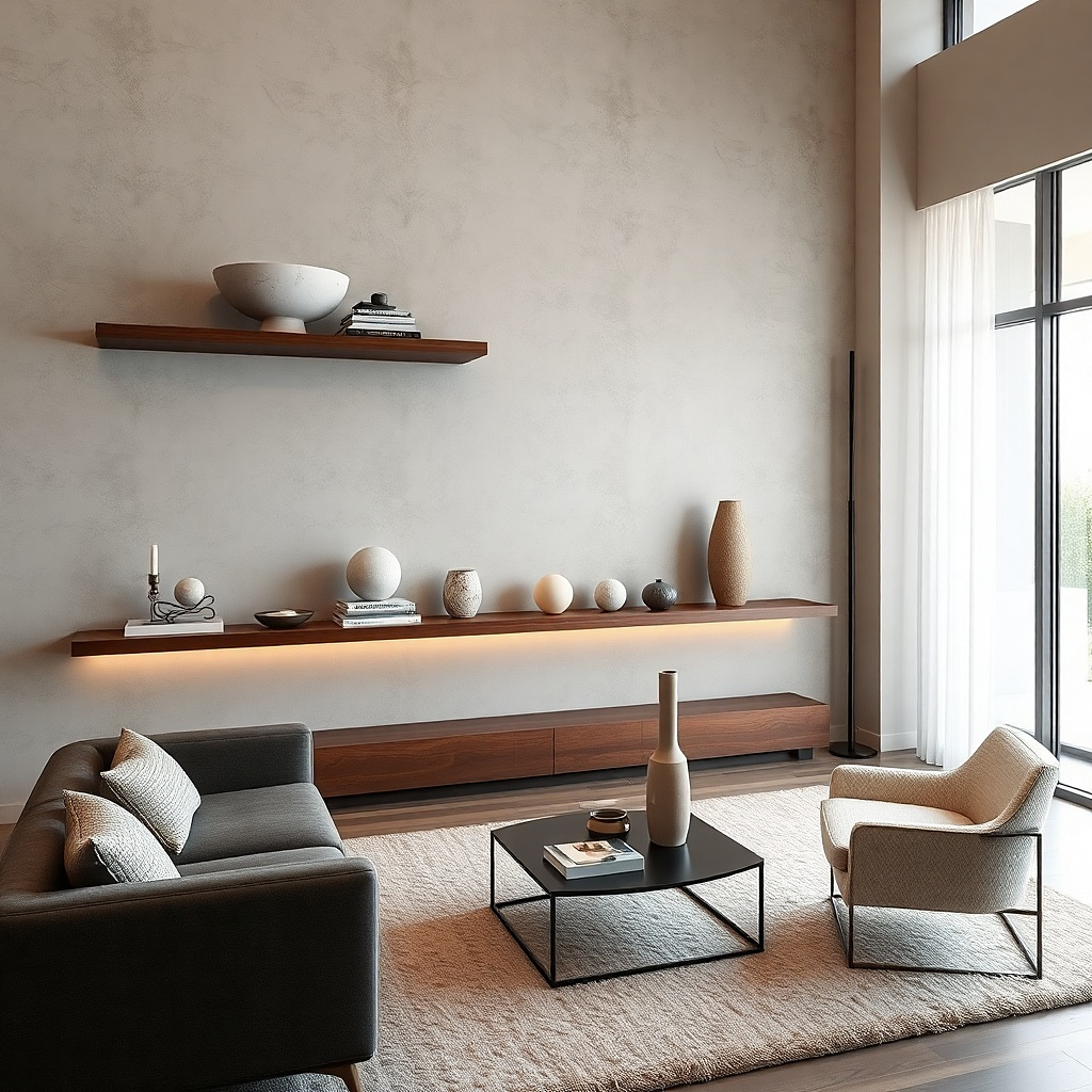 Floating shelves with tall art book stacks and a sculptural bowl on a neutral wall