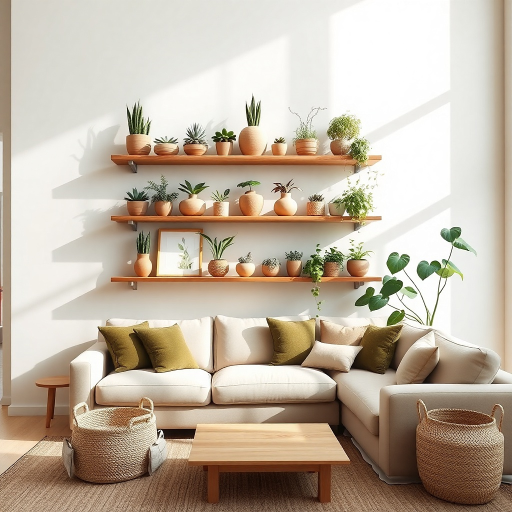Floating shelves with small planters placed in a stepped pattern across shelves