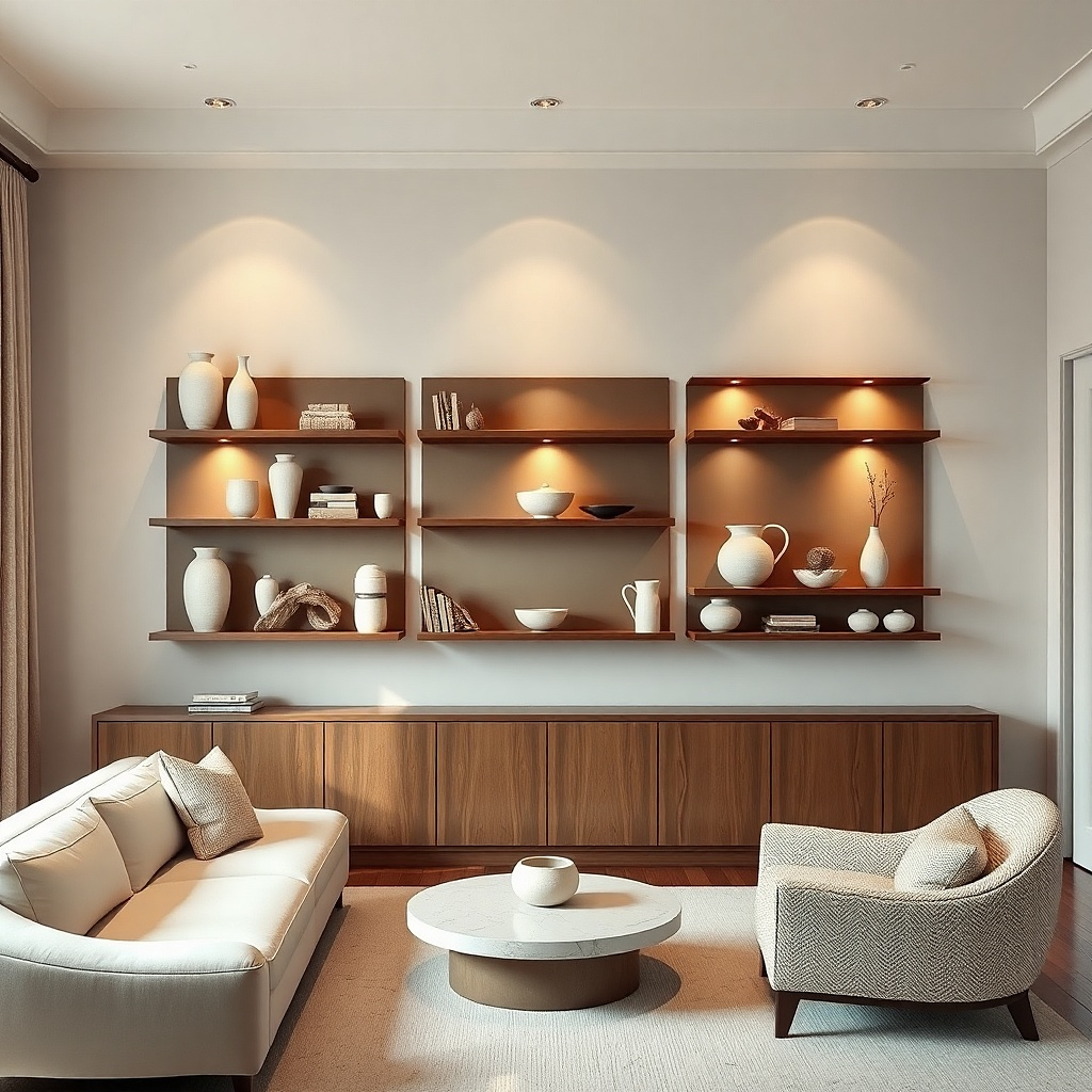 Floating shelves with a row of matching ceramic pieces in one color and a few books