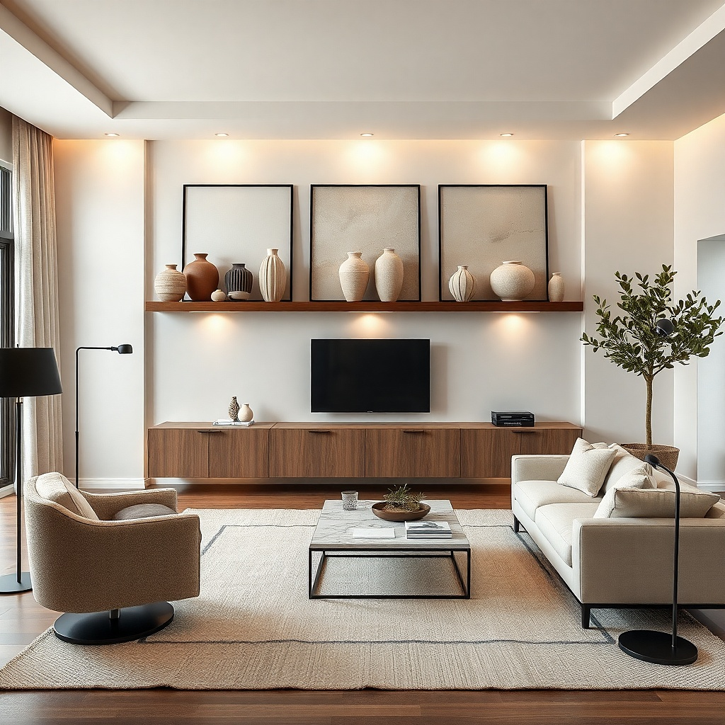 Floating shelves with a row of tall vases and framed prints at both ends