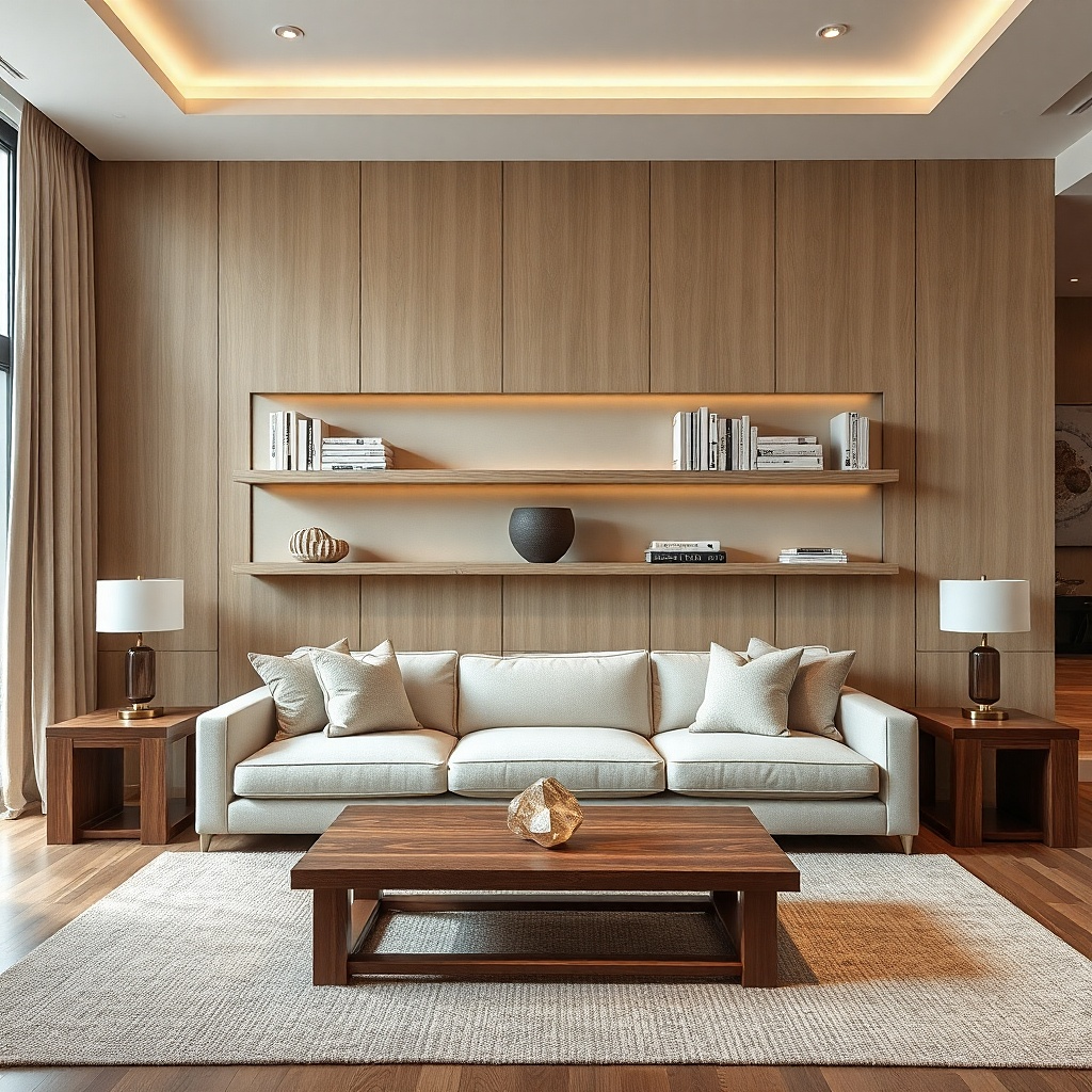 Floating shelves where books act as spacers with a centered decor piece on each shelf