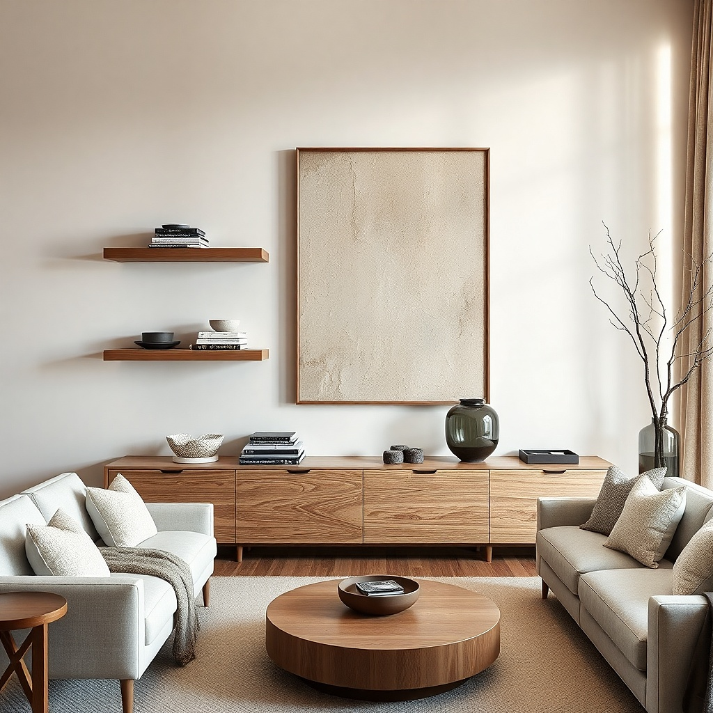 Floating shelves with mostly horizontal books and one vertical framed panel in the center