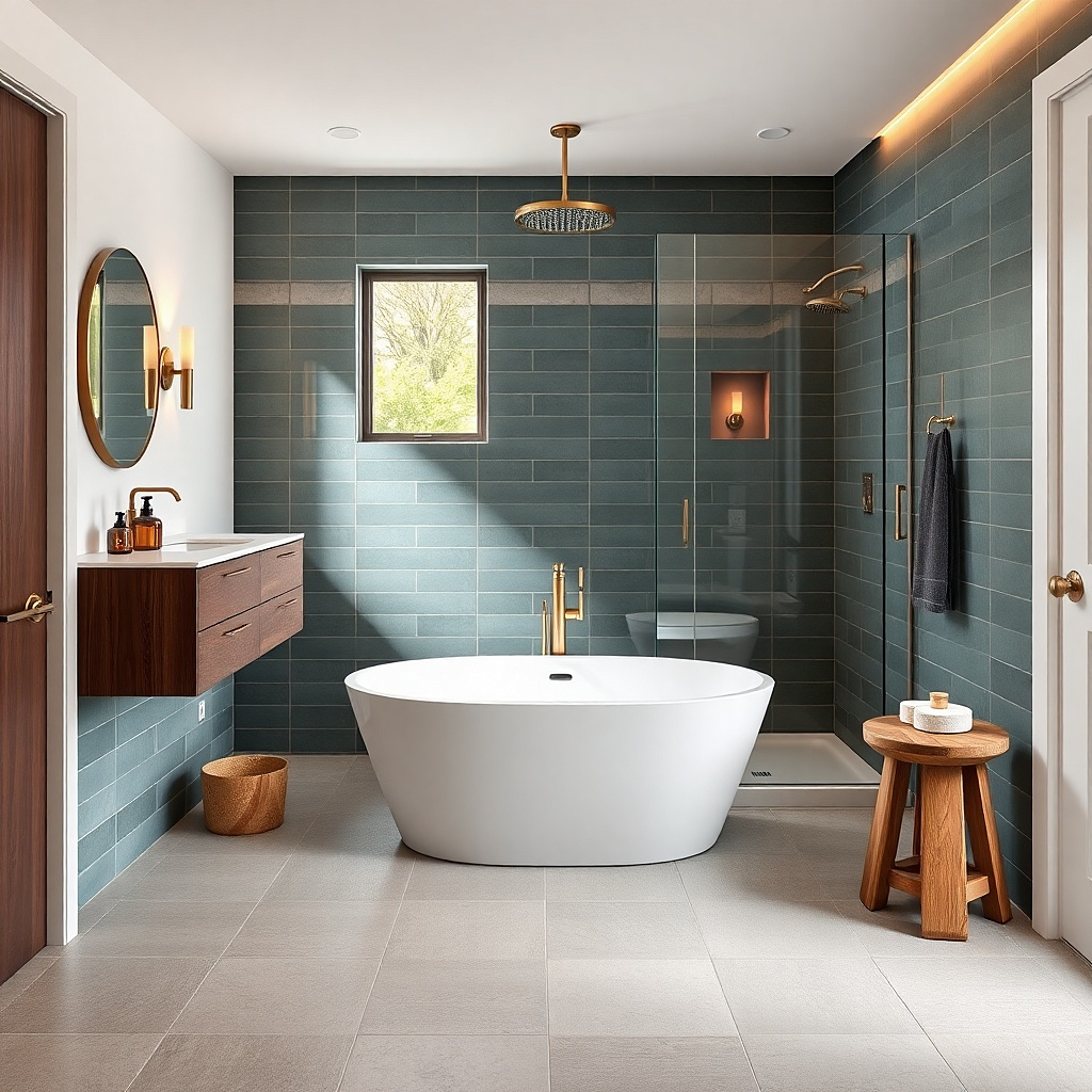 Tub and walk-in shower arranged behind the vanity with matching wall tile and glass
