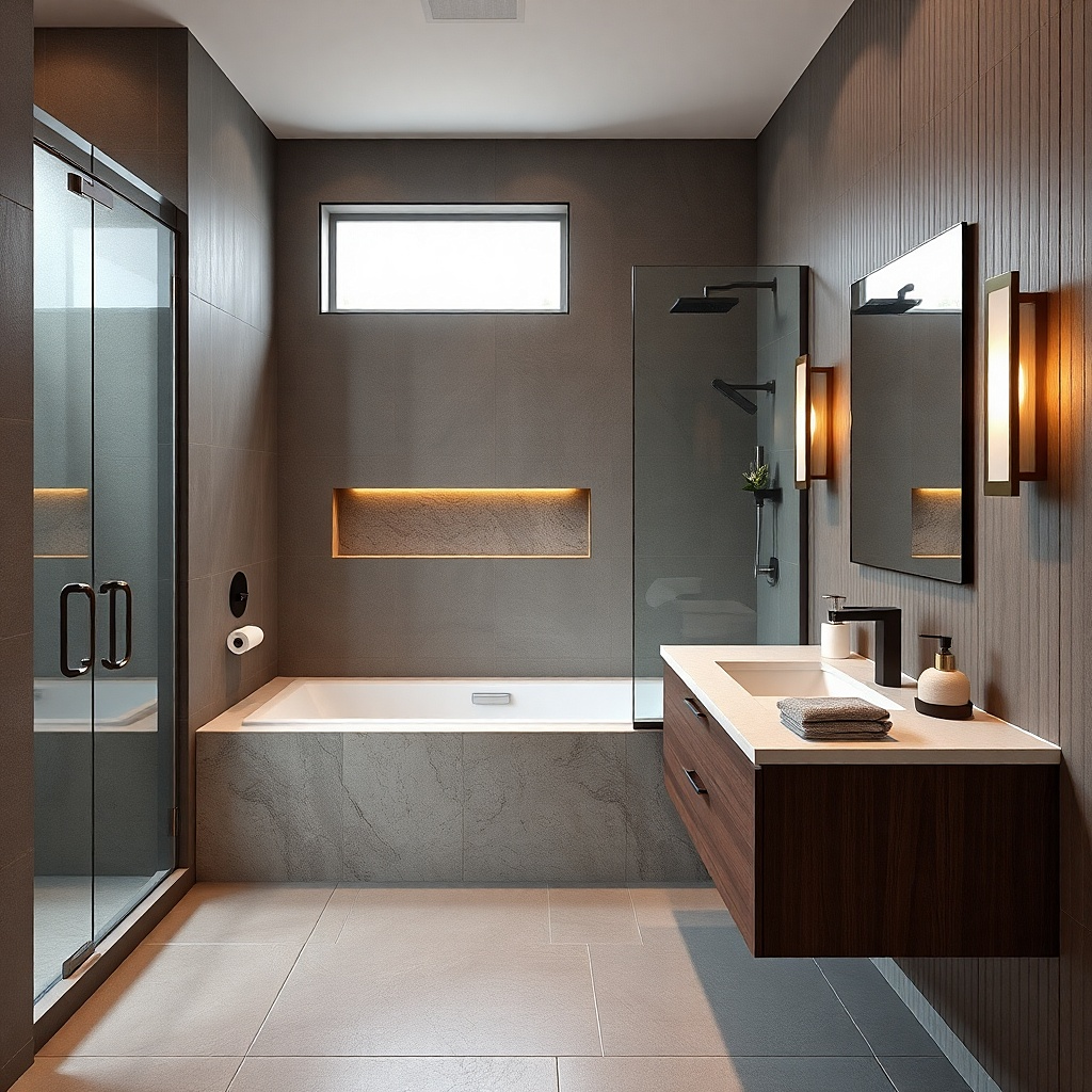 Walk-in shower along a long wall with a tub directly under a window