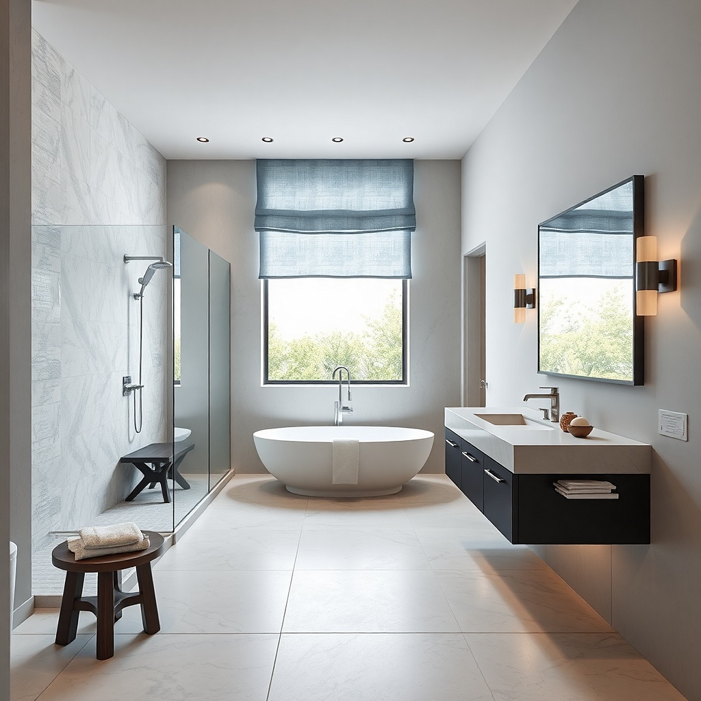 Walk-in shower with bench and niche; compact tub set into a tiled wall reveal