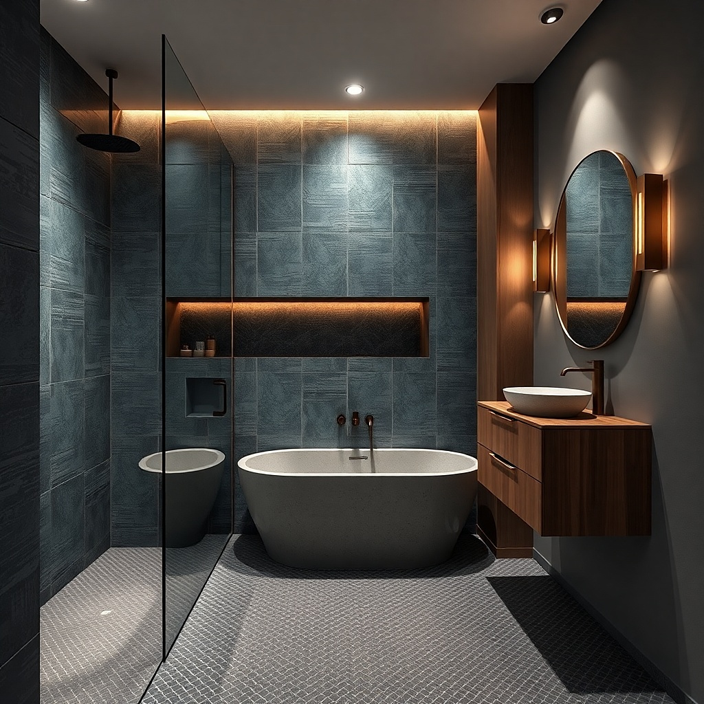 Sliding glass shower door next to a tub parallel to the vanity wall