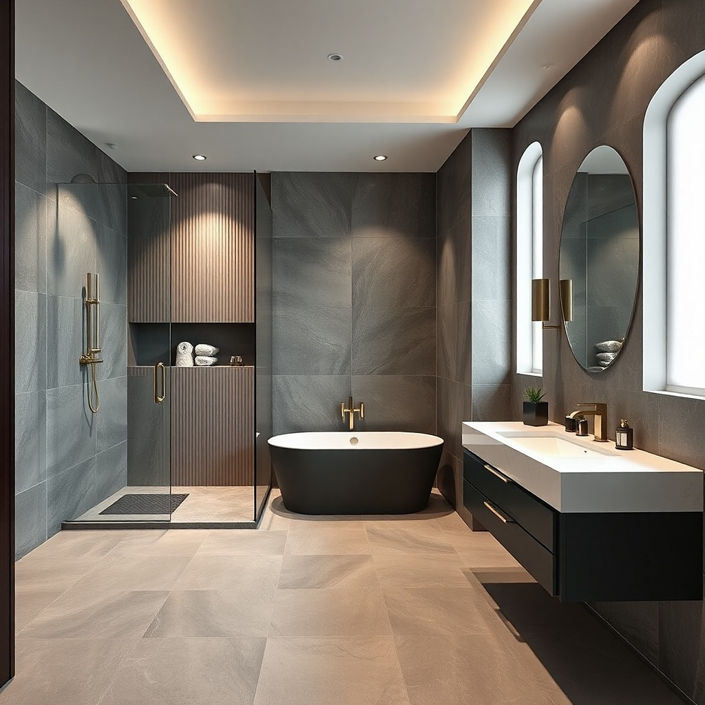 Freestanding tub with a tiled alcove walk-in shower behind frameless glass