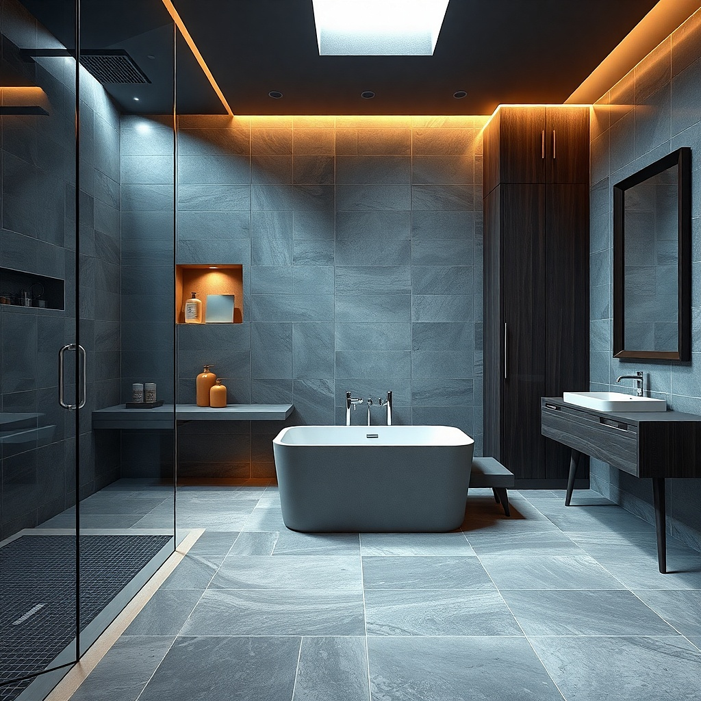 Walk-in shower with tub integrated into same tiled floor plane