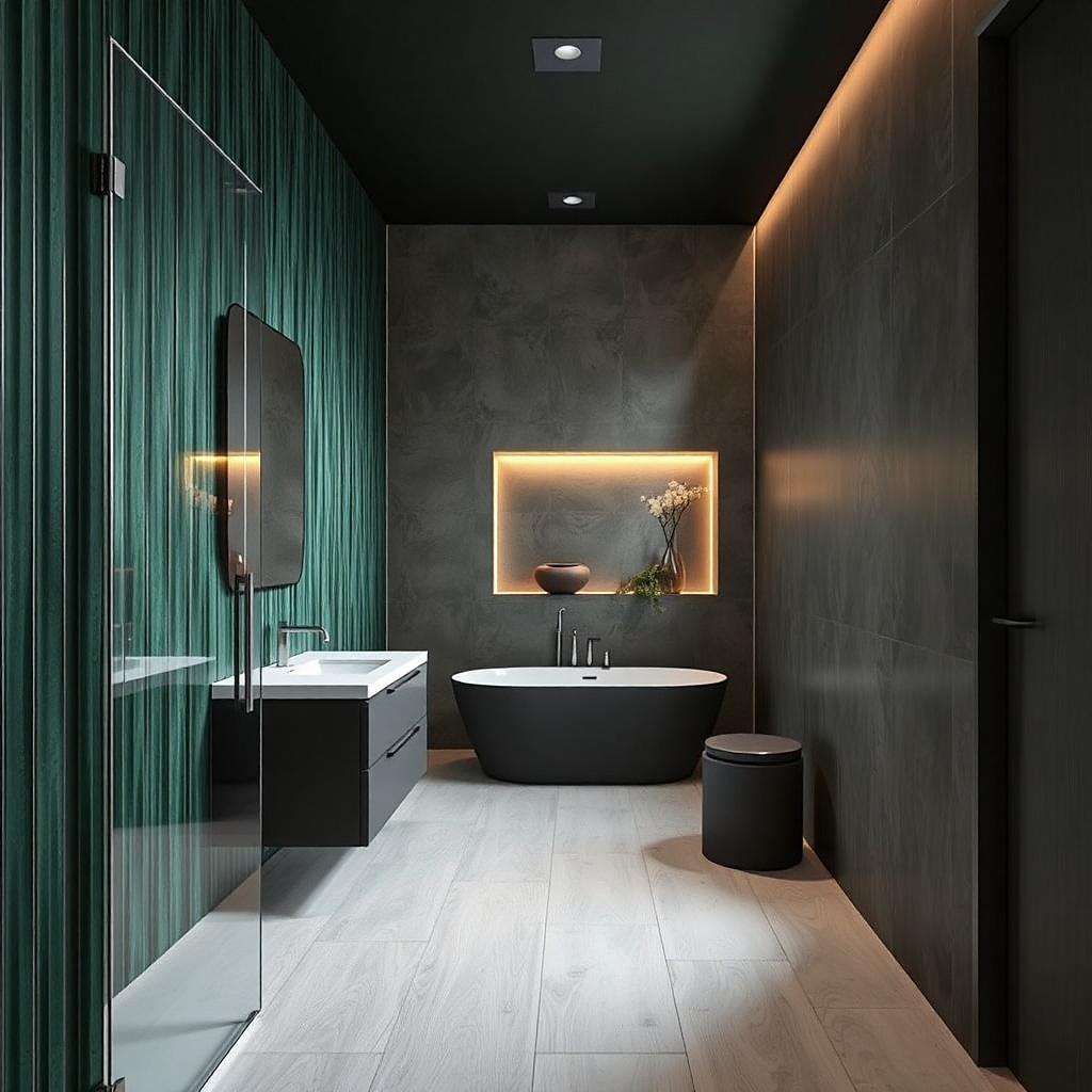 Walk-in shower near the entry side wall with a tub at the back wall