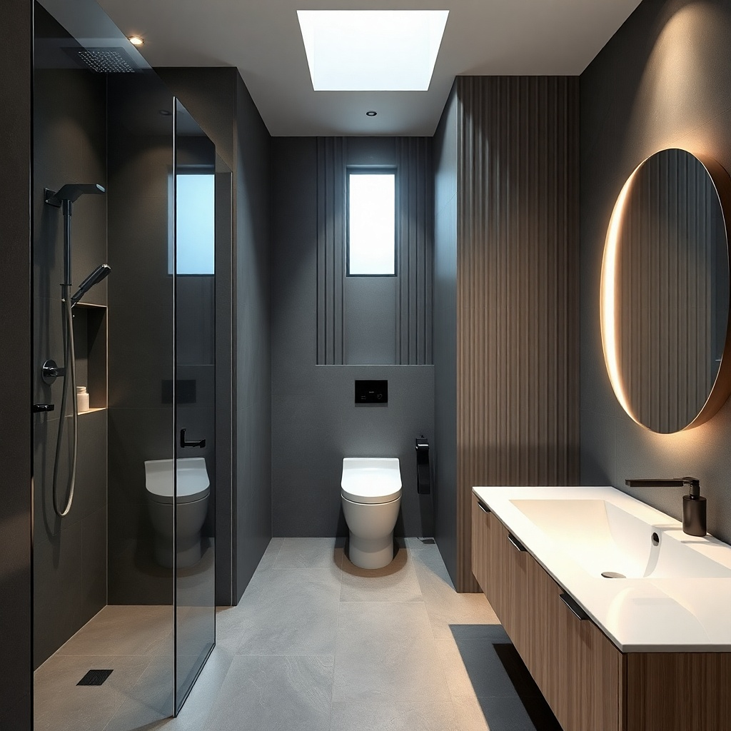 Toilet centered with shower on short wall and compact tub along long wall