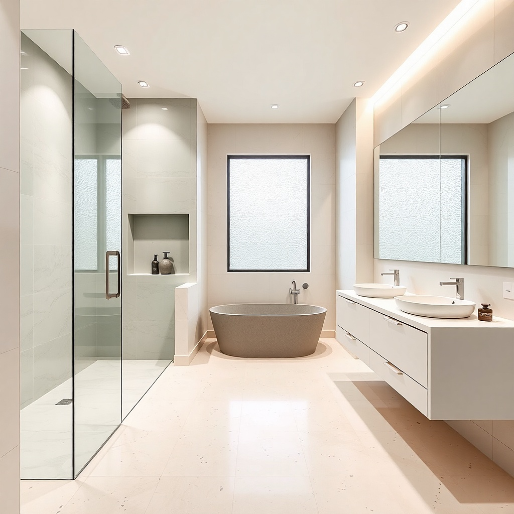 Large mirror above vanity with a compact tub and a shower in a shallow tiled alcove