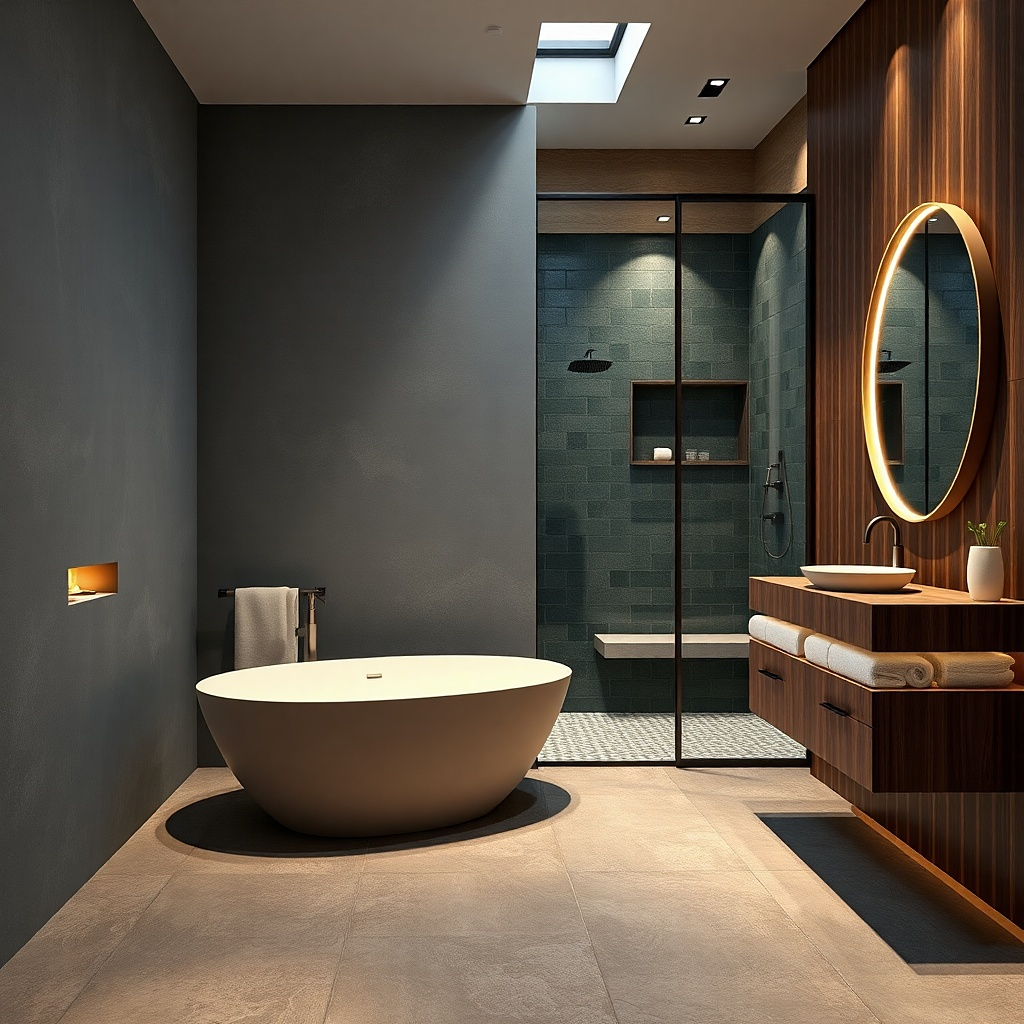 Tub near vanity wall with walk-in shower behind a tiled partition and frameless glass