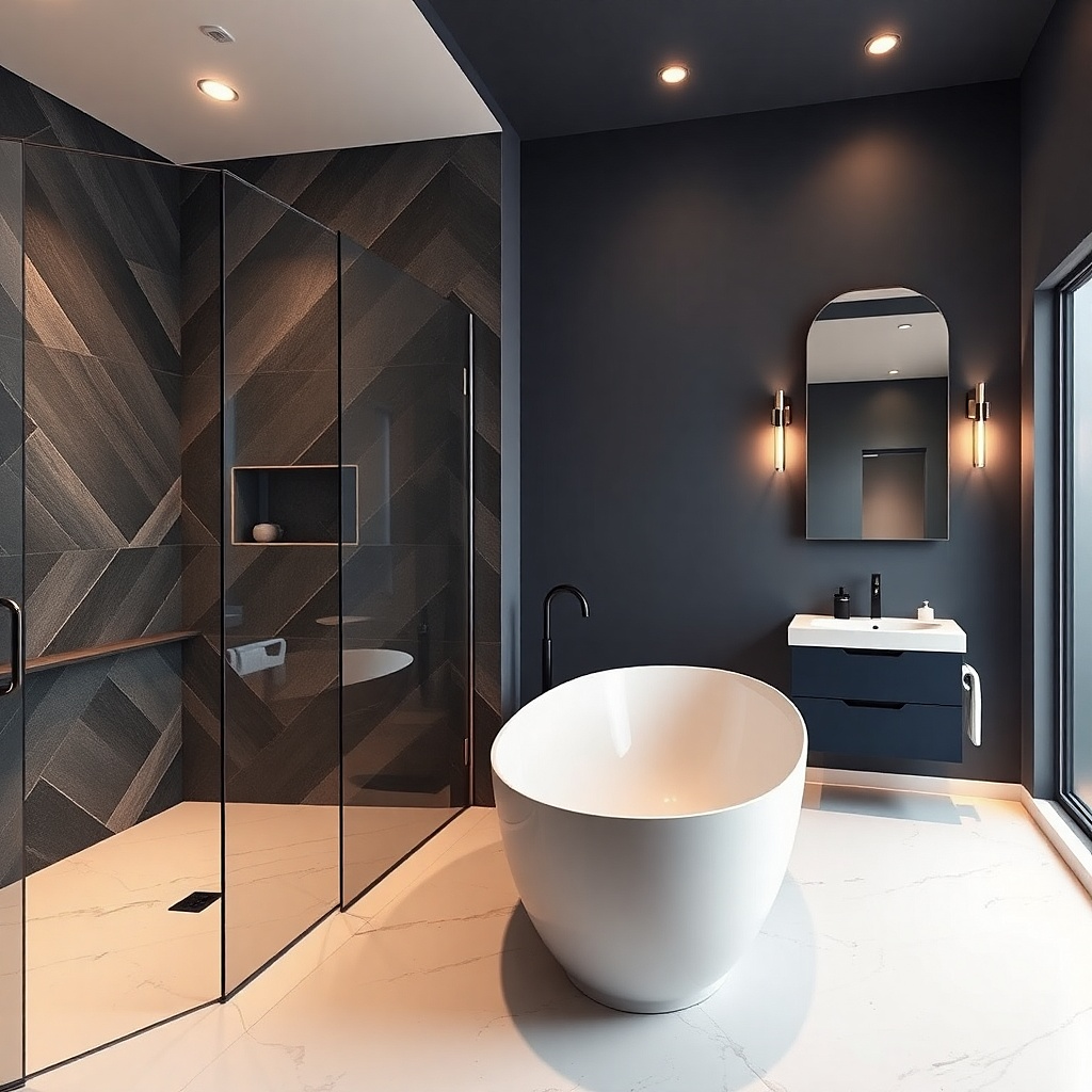 Walk-in shower with tub on adjacent wall using diagonal tile accents and frameless glass