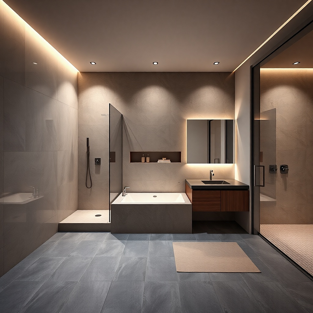 Minimal walk-in shower with hidden niche and drop-in tub with matching straight tile lines
