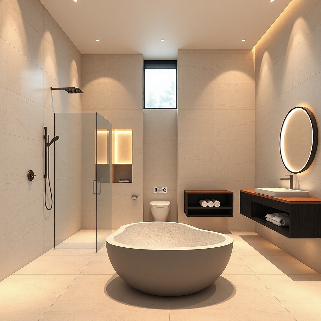 Walk-in shower adjacent to a tub with a tiled bridge wall and minimal frameless glass