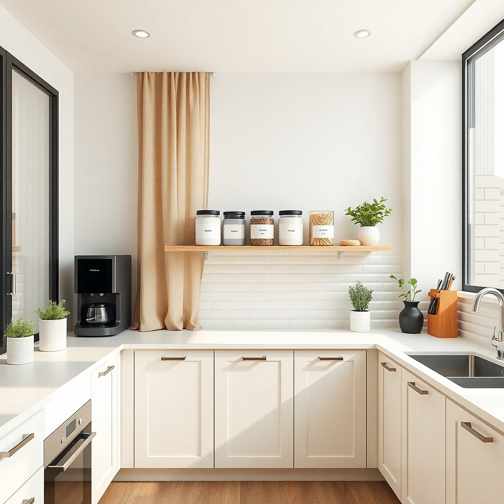 A small apartment kitchen wall with one narrow floating shelf holding three matte white ceramic canisters with black lids. There are two slim glass jars for pasta and sugar beside them, all aligned so labels match in size. The wall is painted warm white, and the background is uncluttered.