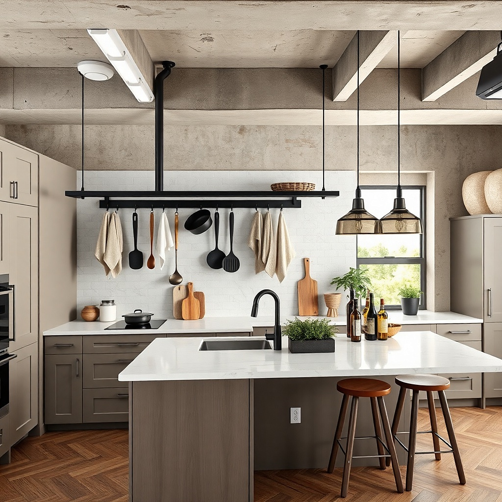 A narrow kitchen wall with a matte black rail mounted above the counter. Several matching black hooks hold a ladle, a spatula, and a small pan. A folded dish towel hangs from a hook, and a single utensil crock sits on the counter below.