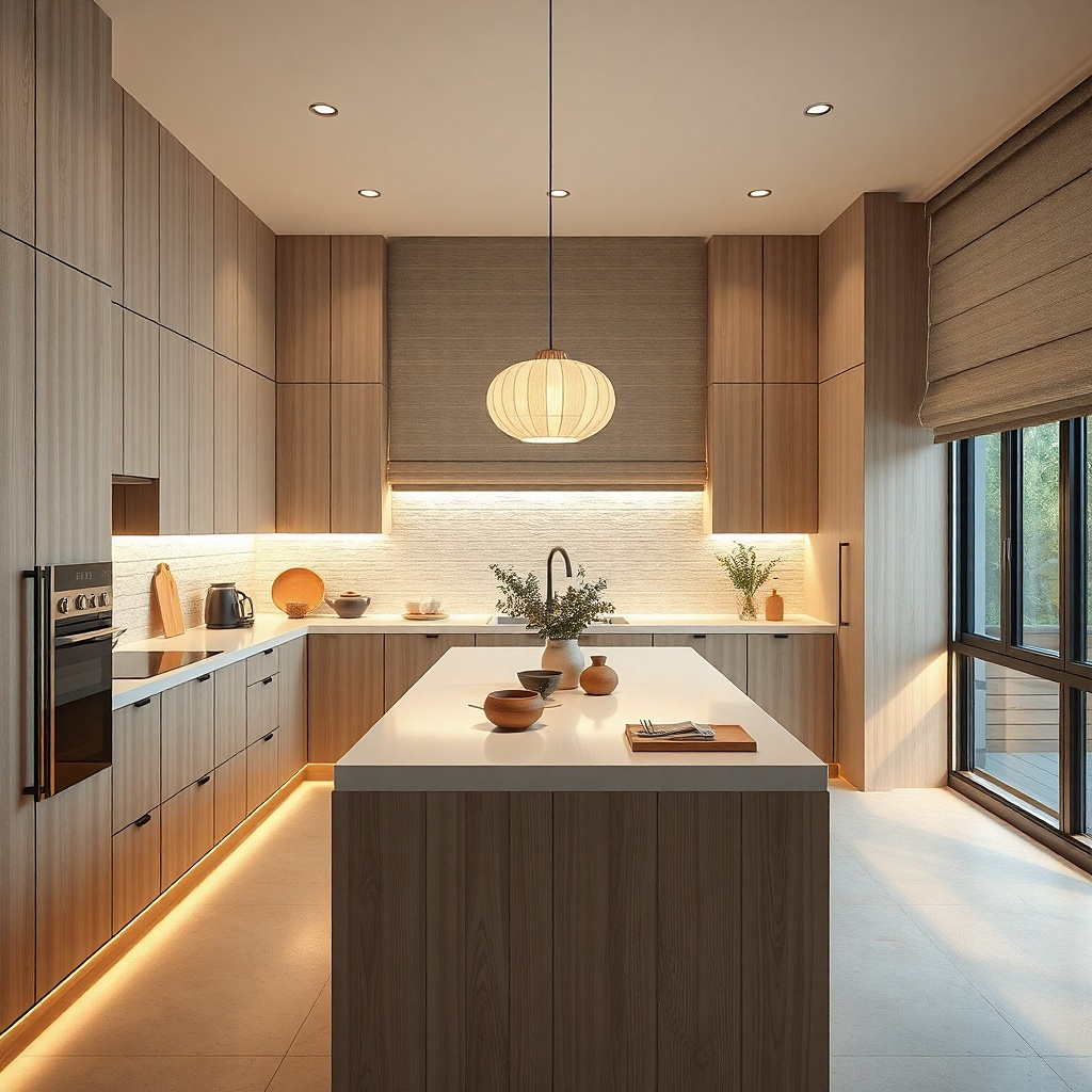 Under-cabinet lighting glowing along the underside of upper cabinets. The light creates a soft warm wash on a light countertop. A small backsplash is visible, and the cabinet doors remain closed with no visible cords.
